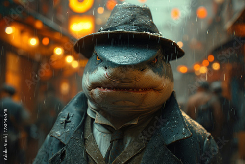 Business shark ganster in a tie, suit, raincoat and hat stands outside in the rain