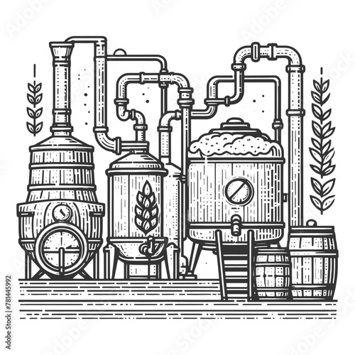 Beer brewing process factory equipment with beer brewing elements and grains. Sketch engraving generative ai vector illustration. Scratch board imitation. Black and white image.