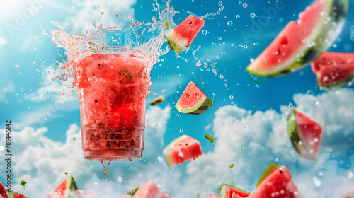 A glass of watermelon juice is splashing in the air photo