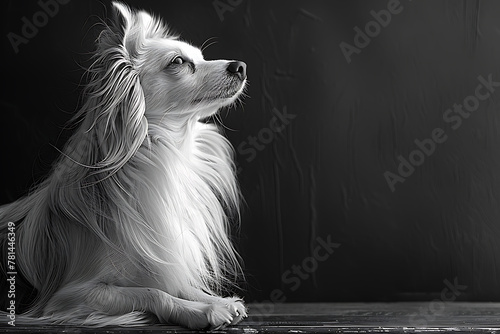  A black and white photograph of a long-haired dog with predominantly white fur. The image has high contrast, with the dog's fur detailed in a way that highlights its texture against a dark background