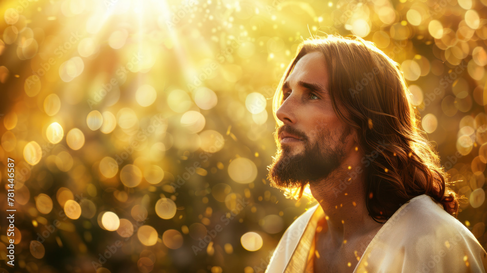 Portrait of Jesus Christ with sun rays and golden glittering bokeh Portrait of Jesus Christ with sun rays and golden glittering bokeh