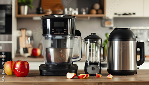 Blender, toaster, multi cooker and apple on wooden table in kitchen