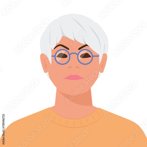 senior woman portrait, with glasses with grey hair,  serious face; cartoon character, avatar; It's perfect for website profiles, social media accounts, or online gaming identities- vector illustration