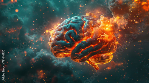 Human brain engulfed in flames - concept of migraine, cluster headache, stress