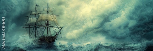 Antique Ship in Storm, Vintage Pirate Boat, Historical Sailboat, Copy Space photo