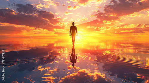 Jesus Christ walking on sea surface  spectacular sunrise light