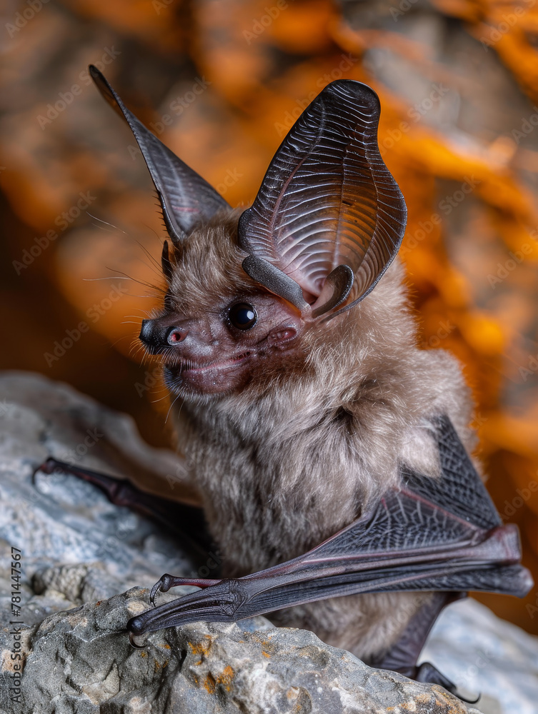 A bat with large ears perched on a rock, orange background.