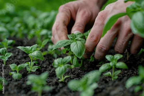 Close-up of hands planting herbs or vegetables in a small backyard garden. ai generated