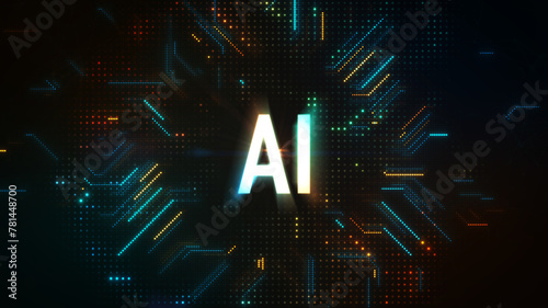 Artificial intelligence concept. Vibrant image showcasing a processor chip with “Ai” in the center, surrounded by circuit lines, illustrating artificial intelligence technologyand neural connections. 