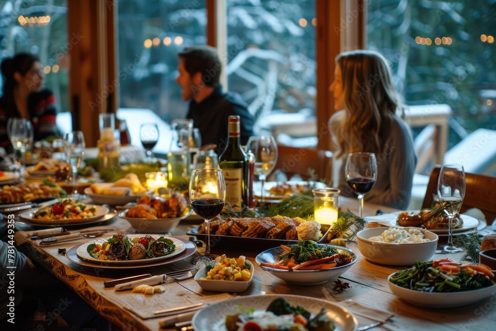 Fototapeta premium family dinner, table setting, unrecognizable people. ai generated