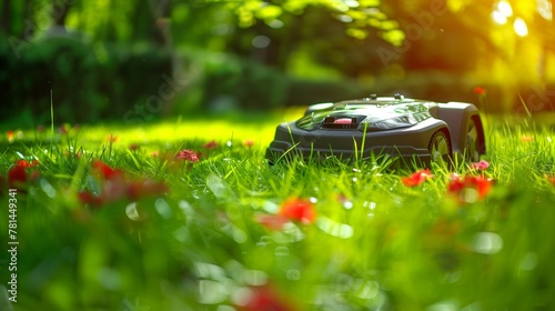 A modern, autonomous robot lawn mower glides through thick, vibrant green grass, showcasing the latest in garden work automation and smart lawn maintenance technology.