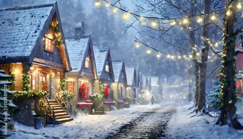 Cute houses beautifully decorated with Christmas garlands in a snow - covered on digital art concept, Generative AI.