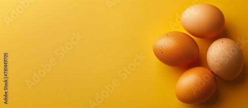 A banner with chicken eggs on a yellow background with copy space. Horizontal photo with chicken eggs top view.