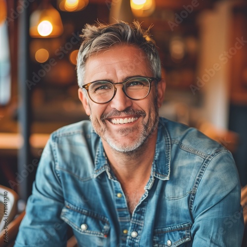 Smiling man with beard and glasses wearing blue denim chilling in restaurant