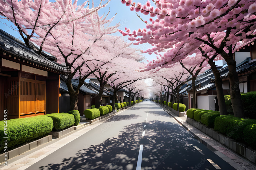 A village with beautiful cherry blossoms, Generative AI
