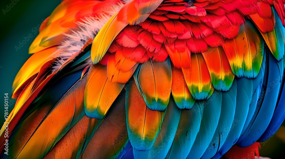 Fototapeta premium Vibrant Parrot Feather Close-Up, Colorful Detail Nature Shot. Perfect for Backgrounds. Exotic Bird Texture. AI