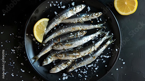 Fresh Sardines Lined Up on a Dark Plate, Kitchen Table Setting. Culinary Seafood Presentation, Healthy Eating Concept. Simple Styling for Stock Photography. AI
