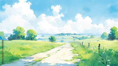 夏の田舎道の水彩画_3