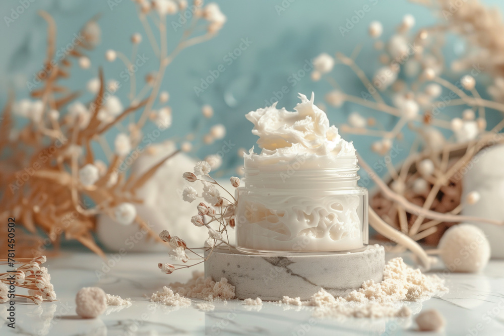 A jar of white lotion sits on a marble pedestal next to a bunch of flowers. The lotion is almost empty, and the flowers are scattered around it. Concept of relaxation and self-care A jar of white lotion sits on a marble pedestal next to a bunch of flowers. The lotion is almost empty, and the flowers are scattered around it. Concept of relaxation and self-care