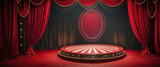 The image features a red stage with a red curtain on the left and right. In the center is a round stage with a red and white striped platform. The curtain is open, revealing a dark background