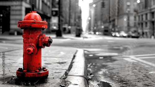 Red Fire Hydrant Stands Out on a Monochromatic City Street. Urban Safety and Color Contrast Concept. Selective Coloring Technique. AI photo