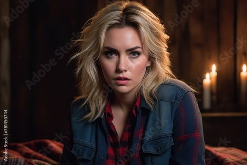 A beautiful girl in a plaid flannel shirt with cleavage in an old house at night by candlelight. Generative AI