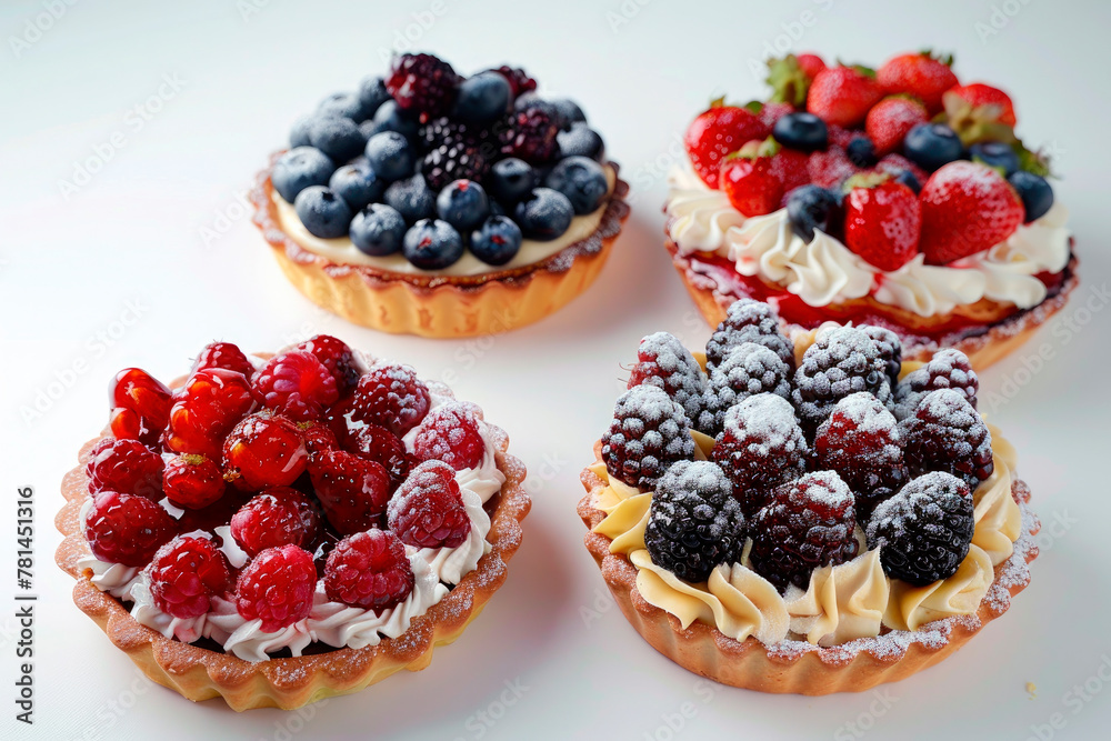 Differents Berry tartlets with curd cream. Delicious pastries - obrazy, fototapety, plakaty 