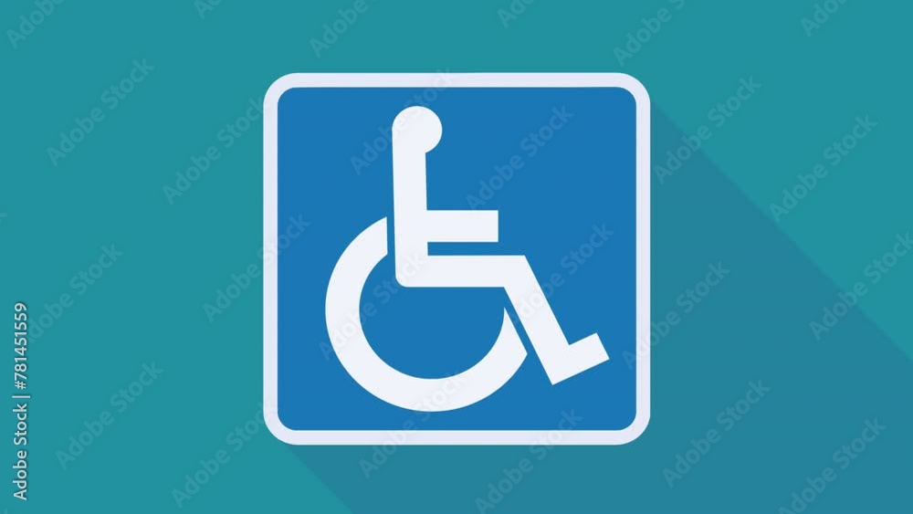 Appearance of the square road sign of a blue and white wheelchair coming from the front on a blue background with long shadow in flat design style Appearance of the square road sign of a blue and white wheelchair coming from the front on a blue background with long shadow in flat design style