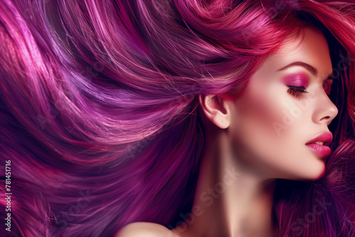 A woman with long, colorful hair is the main focus of the image. The vibrant colors of her hair create a sense of energy and excitement. The woman's makeup adds to the overall colorful