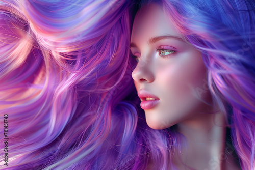A woman with long, colorful hair is the main focus of the image. The vibrant colors of her hair create a sense of energy and excitement. The woman's makeup adds to the overall colorful