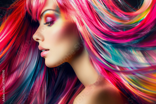 A woman with long, colorful hair is the main focus of the image. The vibrant colors of her hair create a sense of energy and excitement. The woman's makeup adds to the overall colorful