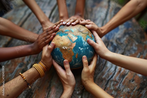 Hands of globe, Hands of different races and ethnicities reaching out for a shared globe, Ai generated photo