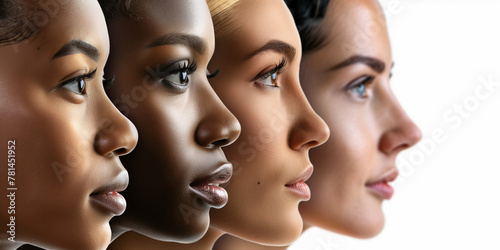 A group of women with different skin tones are shown in a row. Concept of diversity and inclusivity, celebrating the beauty of different skin colors