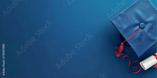 Graduation cap and diploma mortar hat and degree on  background with copy space. blue background blue web banner.
