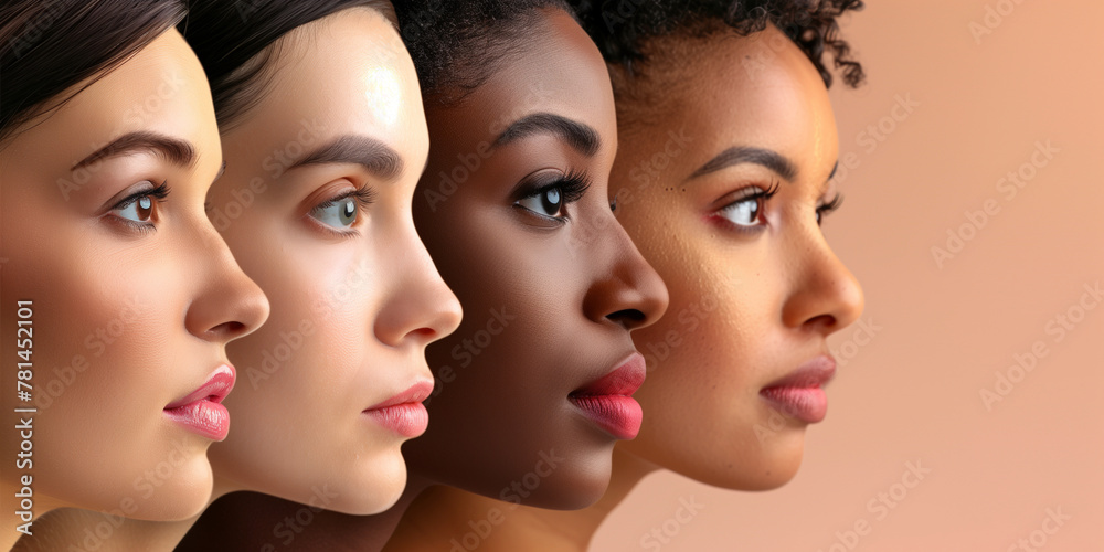 Three women with different skin tones stand side by side, showcasing their beauty. Concept of diversity and inclusivity, celebrating the uniqueness of each individual