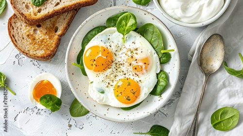 Meal with soft boiled eggs, toast, yogurt AI generated