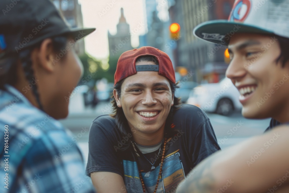 Three young Native American friends having fun in the city Three young Native American friends having fun in the city