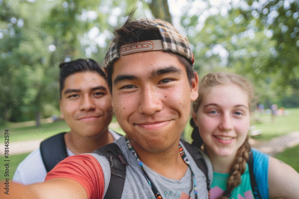 Three smiling Native American friends taking a selfie in a park Three smiling Native American friends taking a selfie in a park