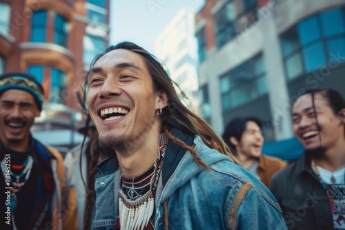 Young Native American having fun in the city with his friends photo