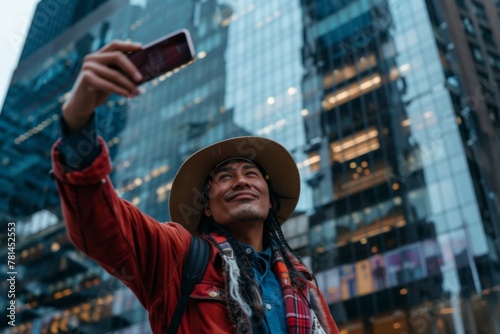 Native American taking a selfie in a big city next to a skyscraper photo