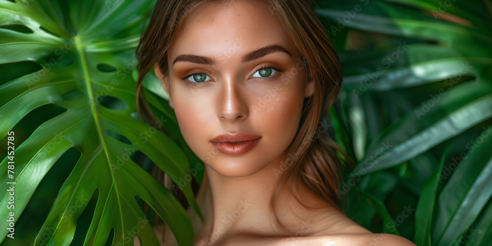 A woman is laying in a bed of green leaves. She has green eyes and a greenish tint to her skin A woman is laying in a bed of green leaves. She has green eyes and a greenish tint to her skin