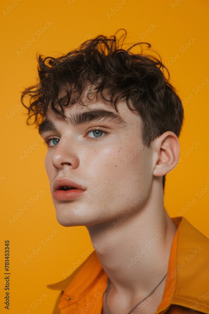 Close-up photo of a young man sporting a trendy angular fringe haircut against an orange backdrop Close-up photo of a young man sporting a trendy angular fringe haircut against an orange backdrop