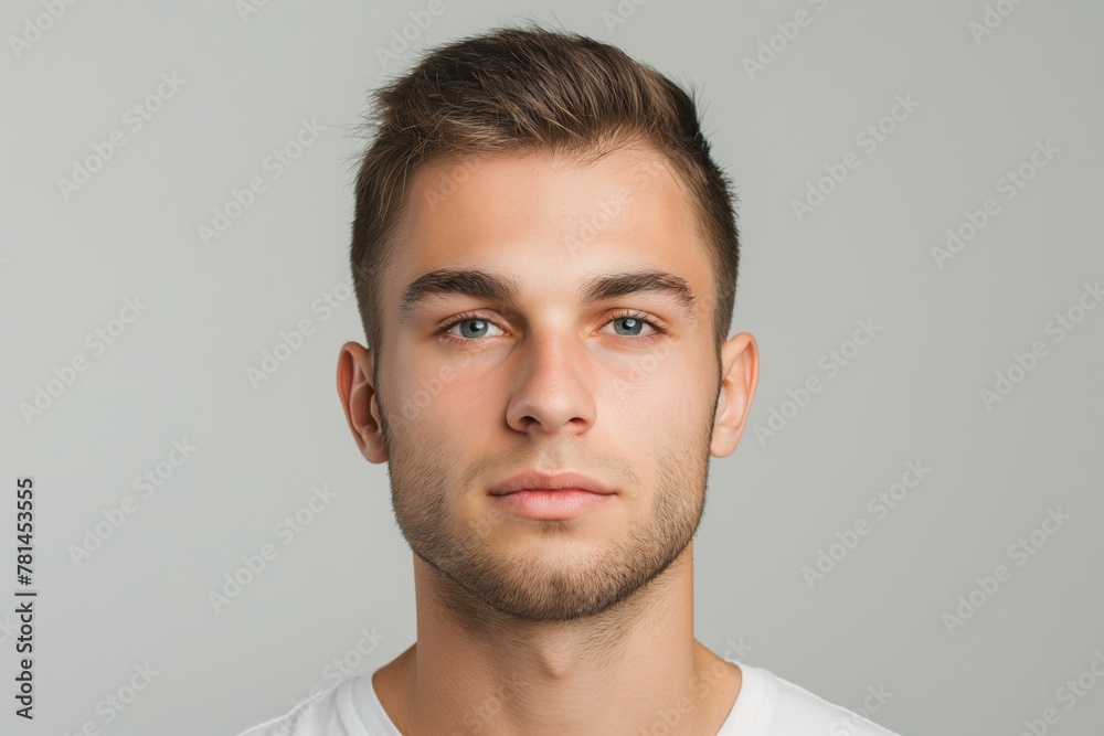 Fototapeta premium Close-up photo of a young man showcasing a stylish crew cut against a neutral background