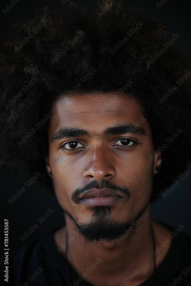 Fototapeta premium Close-up photo of a young man showcasing his natural curly afro hair against a dark background