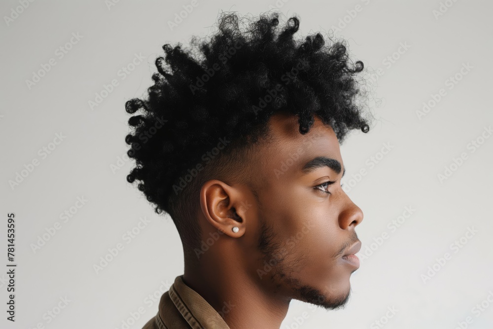 Profile view of a young man showcasing a modern curly undercut hairstyle against a neutral background Profile view of a young man showcasing a modern curly undercut hairstyle against a neutral background