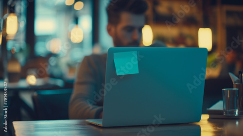 A man sits at a table in a cafe using his laptop photo