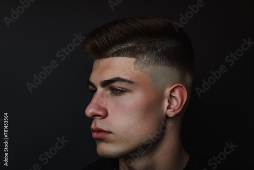 Side profile of a young man sporting a trendy crew cut against a dark background