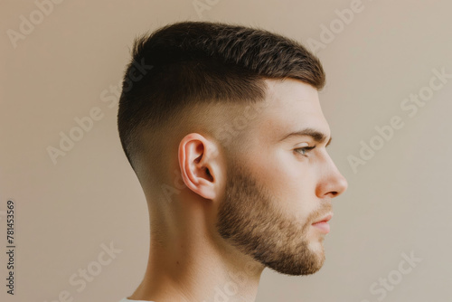 Profile view of a young man displaying a neat and stylish crew cut against a neutral background