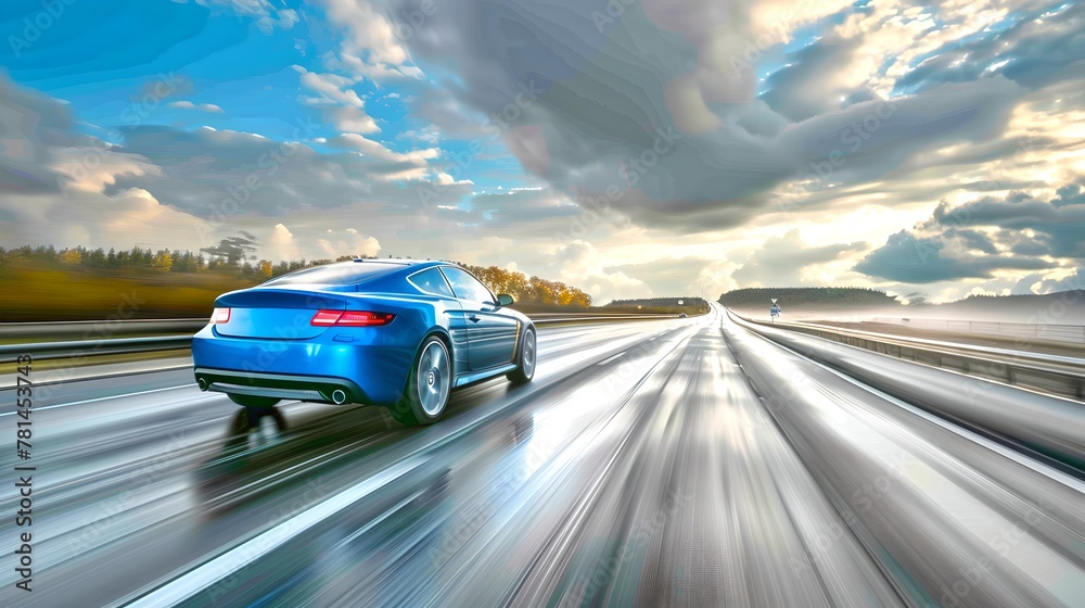 Dynamic Blue Sports Car Speeding on Highway. Modern Vehicle Concept in Motion with Blurred Road. Automotive Photography, Ideal for Posters. AI