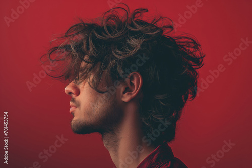 Profile view of a young man with a messy bedhead hairstyle against a solid red background